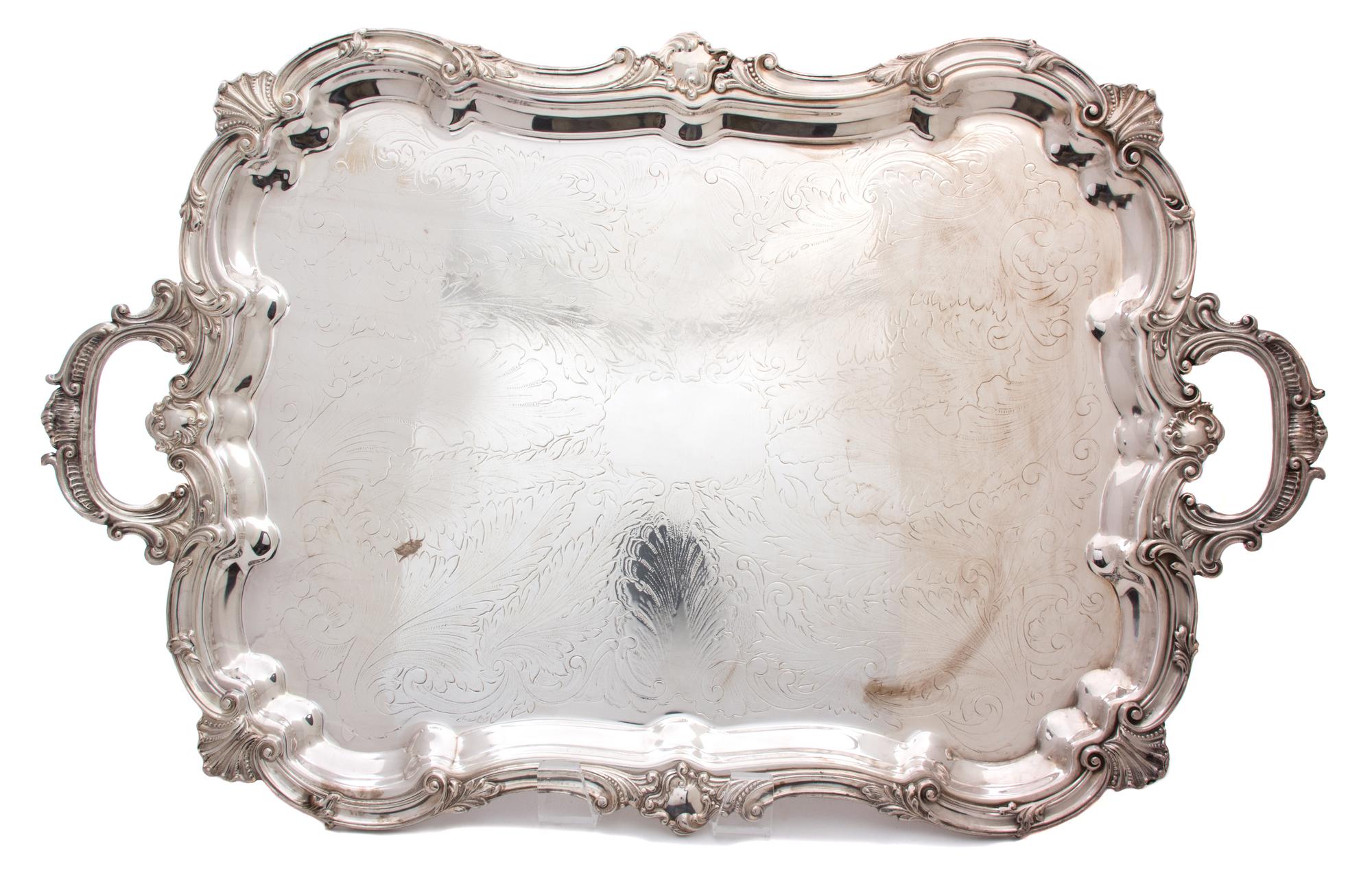 An English Silver Plate Handled Serving Tray Width 31 3/4 x depth 20 inches.