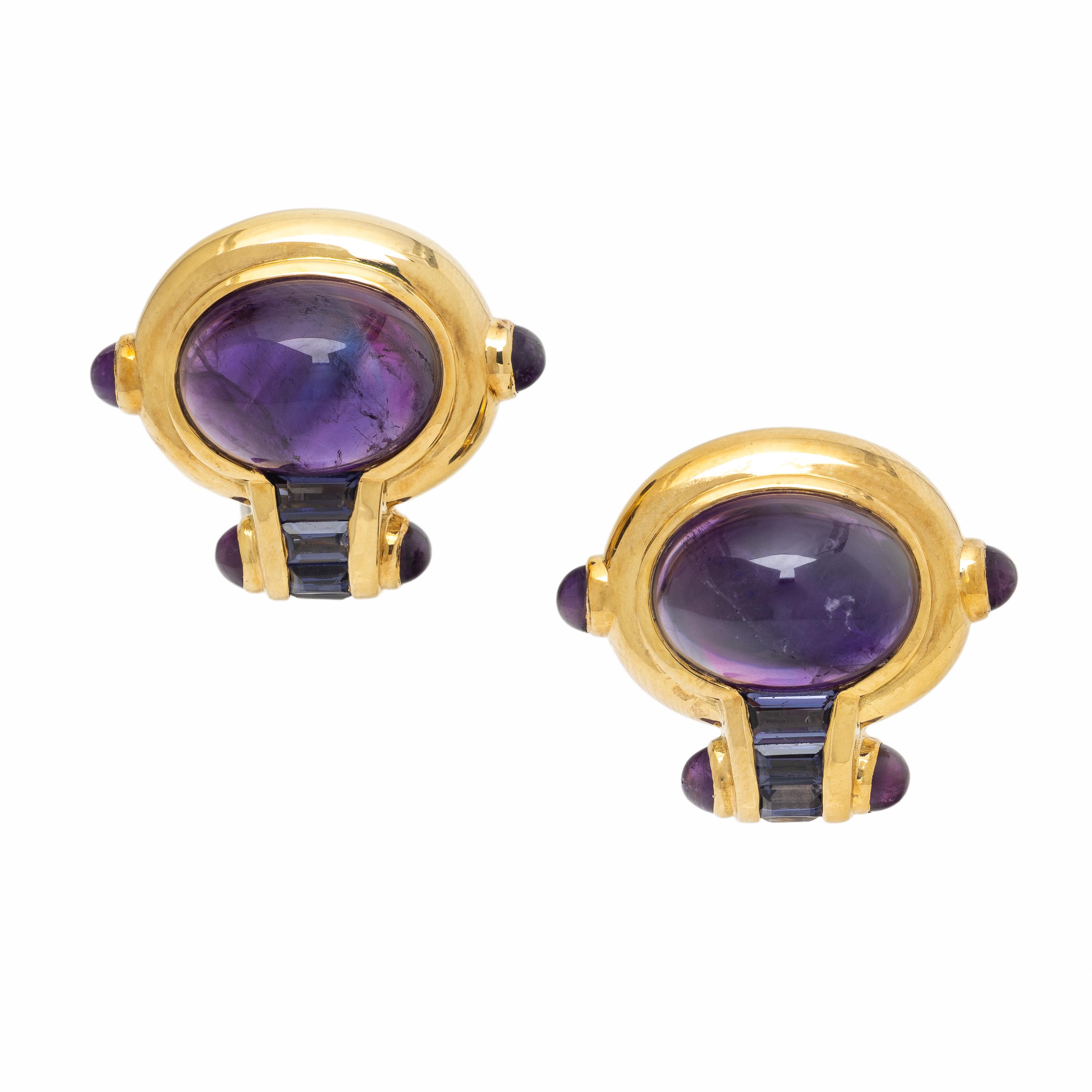 Amethyst, Iolite, and Yellow Gold Earrings