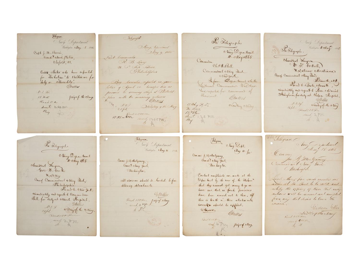 [CIVIL WAR] -- WELLES, Gideon (1802-1878). Small archive containing telegrams signed by Secretary of the Navy Gideon Welles in May 1865, and other correspondence.