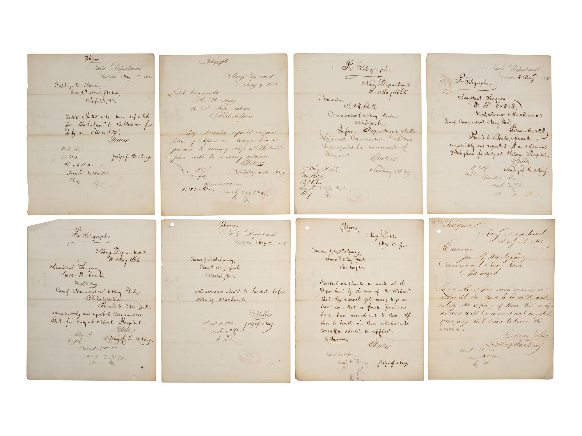 [CIVIL WAR] -- WELLES, Gideon (1802-1878). Small archive containing telegrams signed by Secretary of the Navy Gideon Welles in May 1865, and other correspondence.