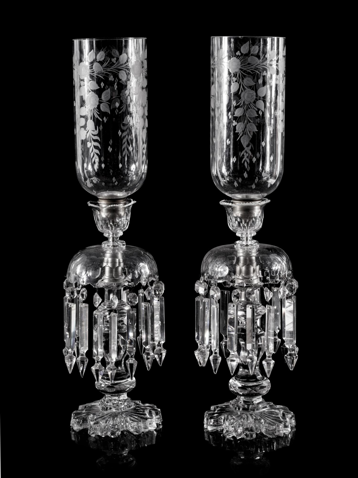 A Pair of Cut, Molded and Etched Glass Girandoles