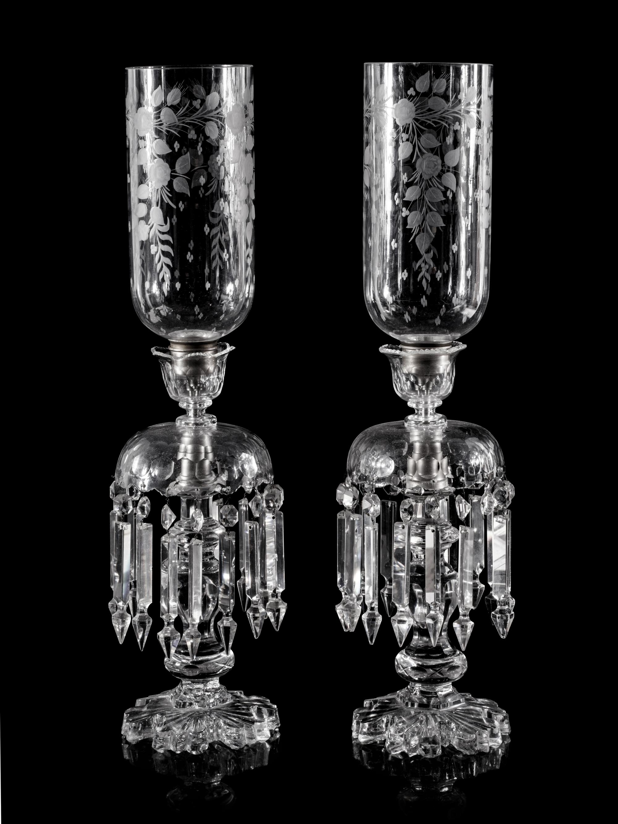 A Pair of Cut, Molded and Etched Glass Girandoles