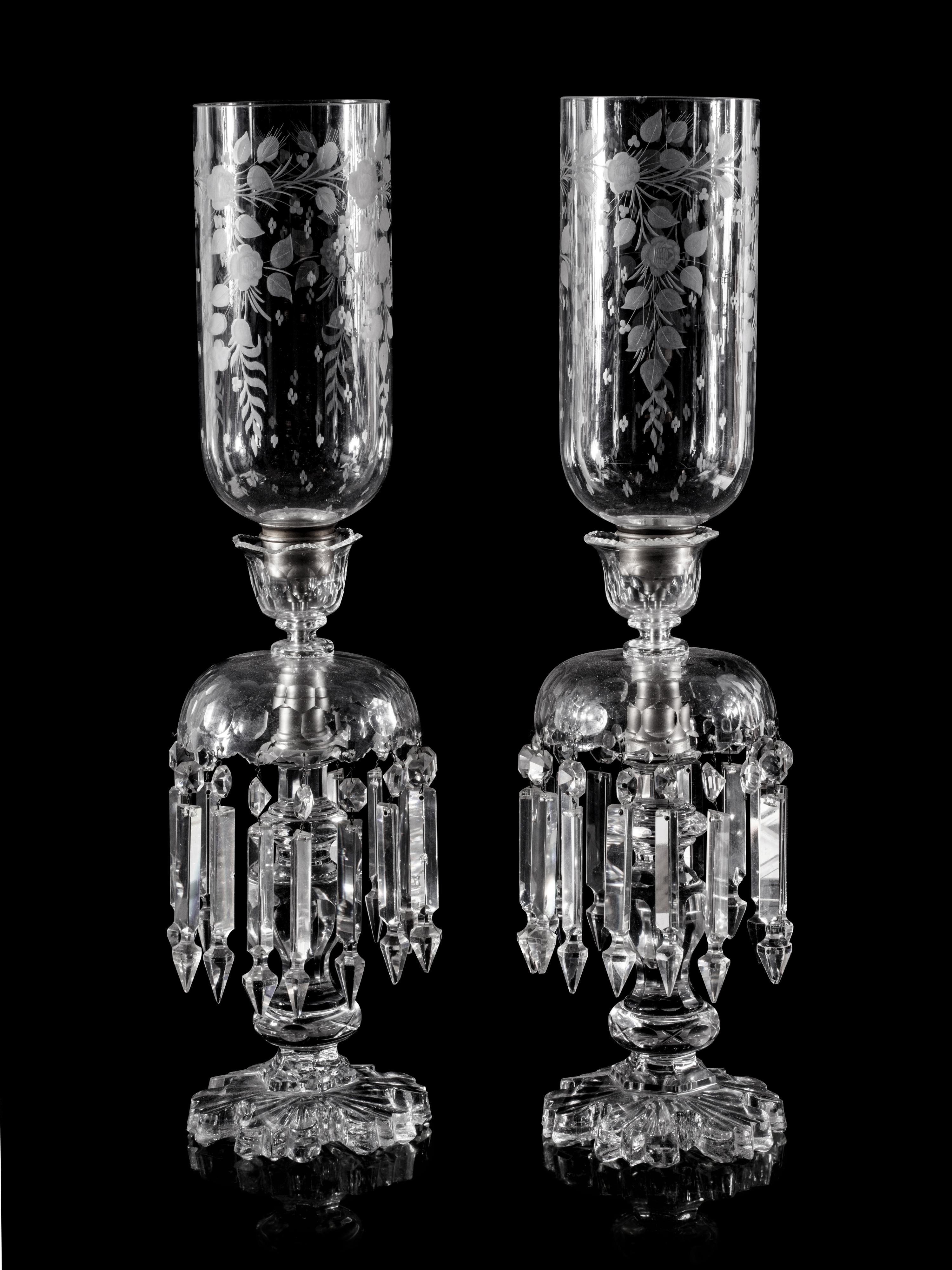 A Pair of Cut, Molded and Etched Glass Girandoles