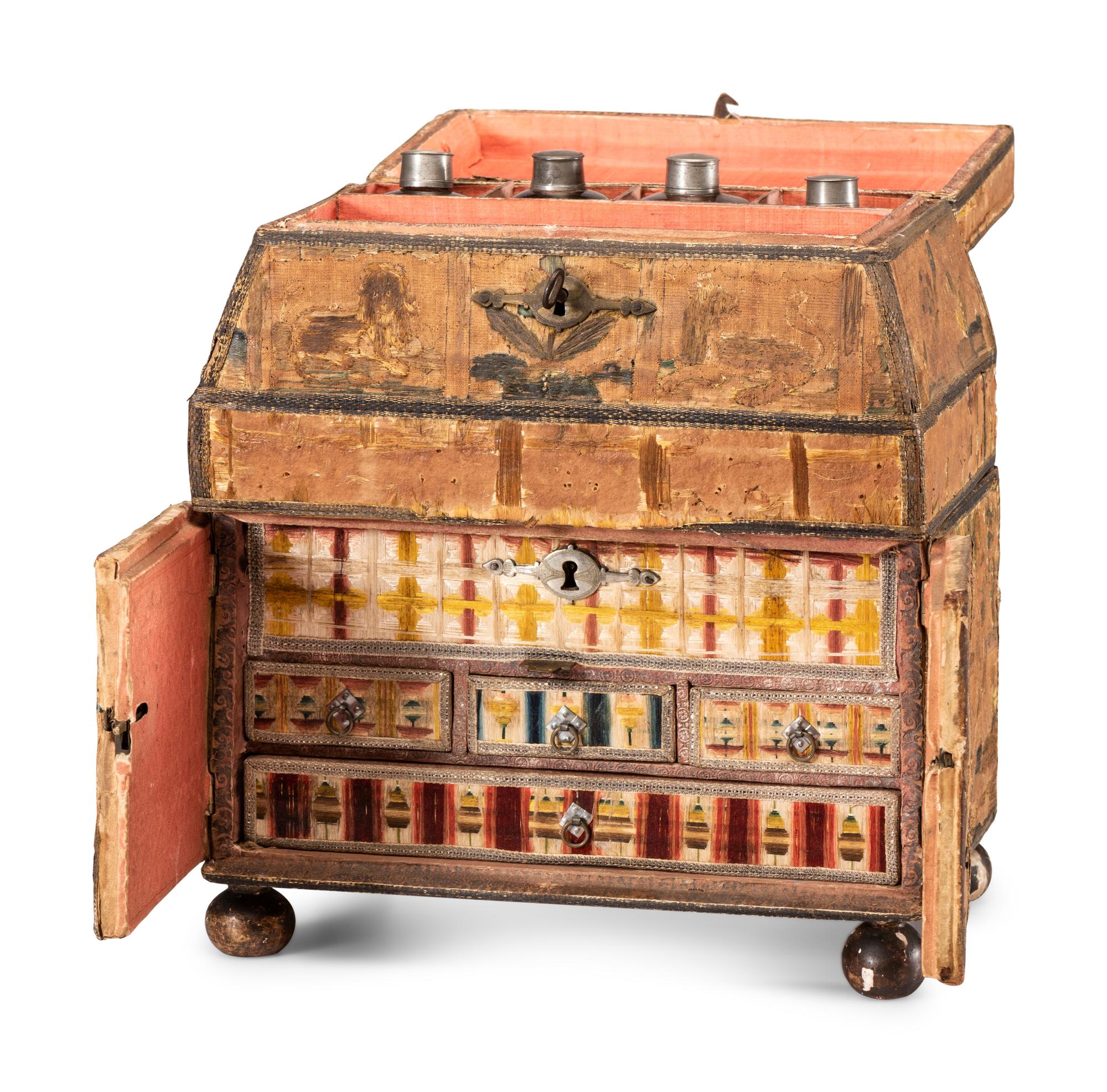 An English Silk and Metallic Thread Embroidered Jewelry Casket
