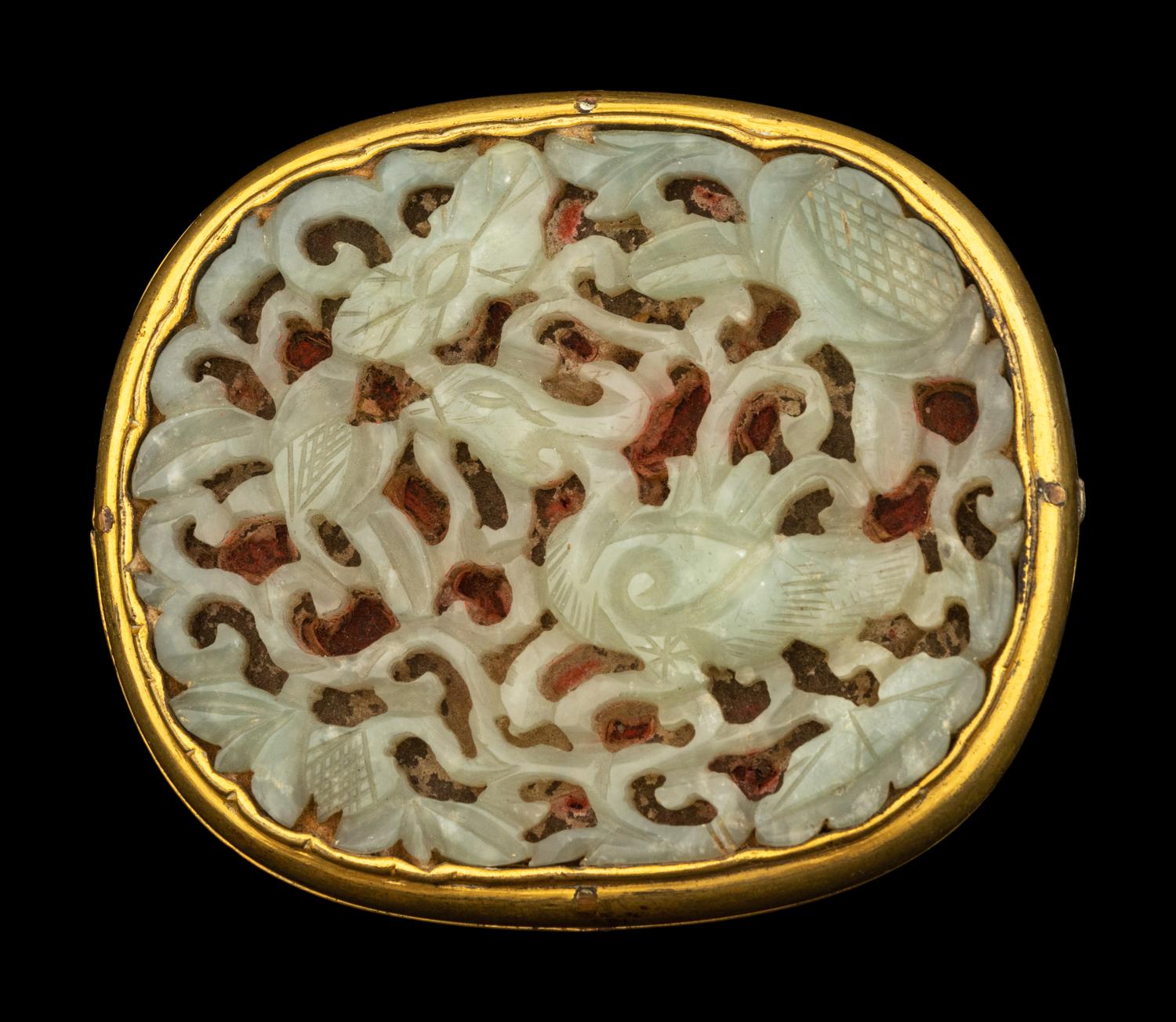 A Celadon Jade Inset Gilt Bronze Belt Hook