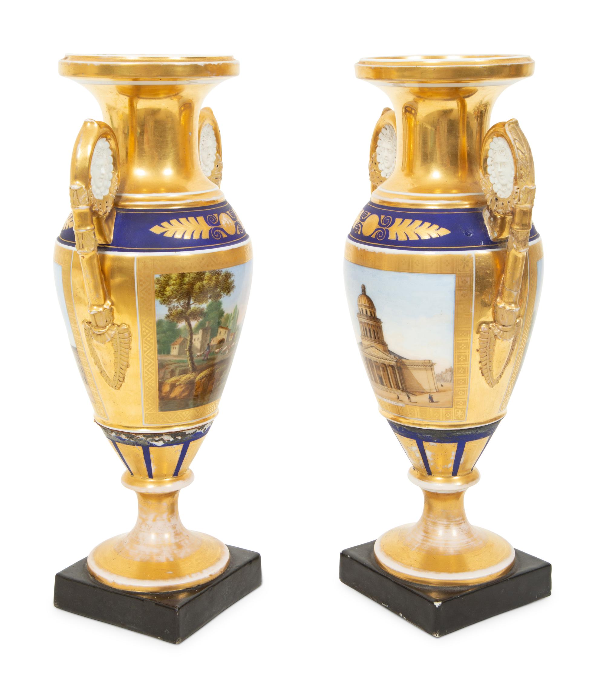 A Pair of Paris Porcelain Urns with Bisque Portrait Medallions