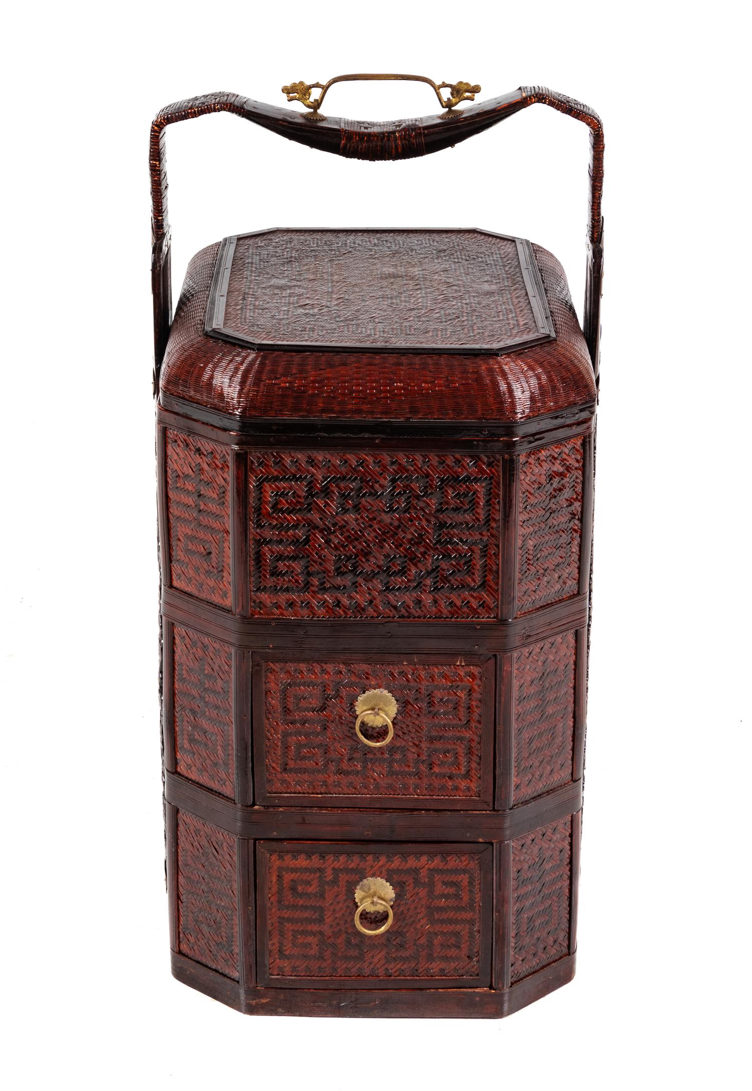 A Chinese Three-Part Lacquered Bamboo Picnic Basket