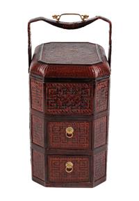 A Chinese Three-Part Lacquered Bamboo Picnic Basket