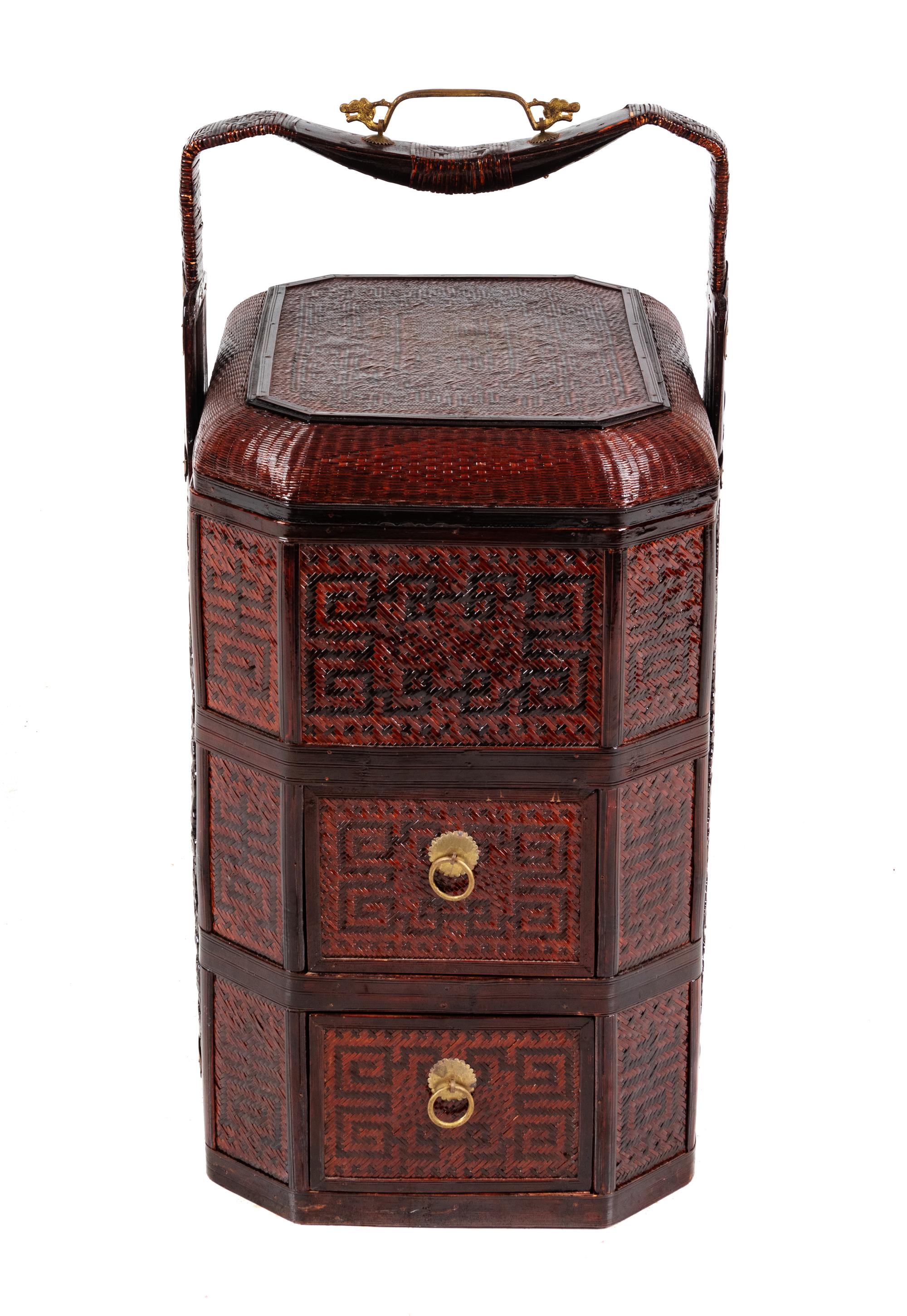 A Chinese Three-Part Lacquered Bamboo Picnic Basket