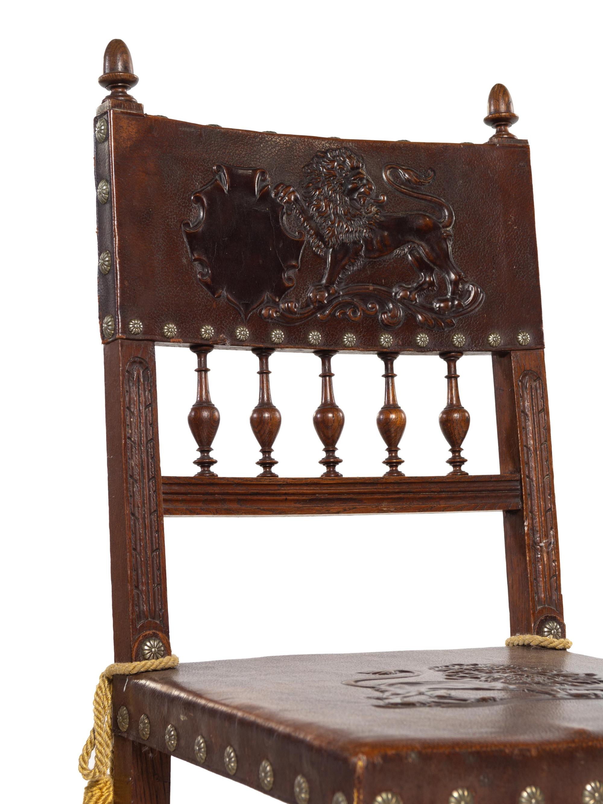 A Set of Six William and Mary Style Oak and Leather-Upholstered Dining Chairs