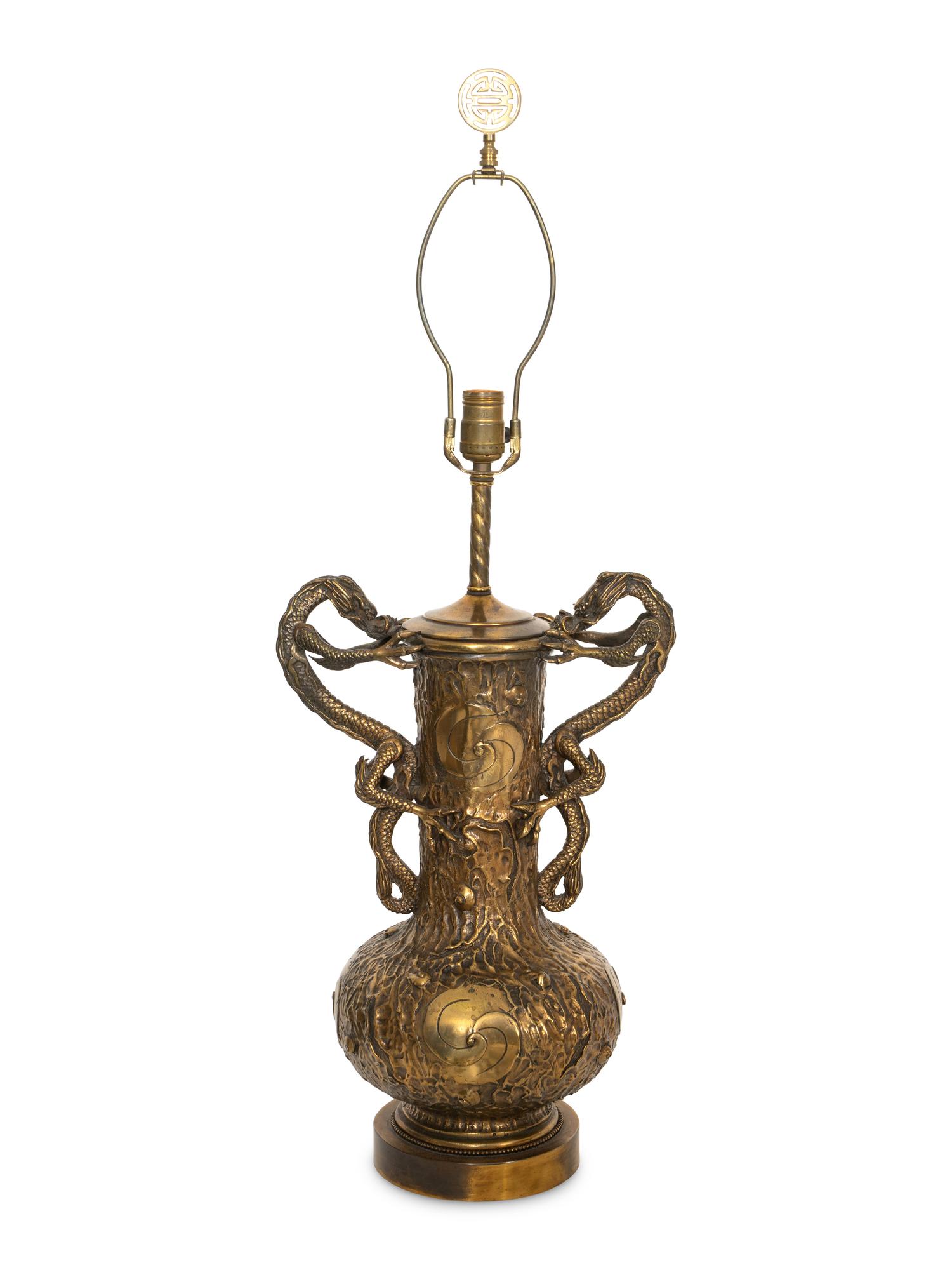 A Chinese Gilt Bronze Dragon Urn Lamp