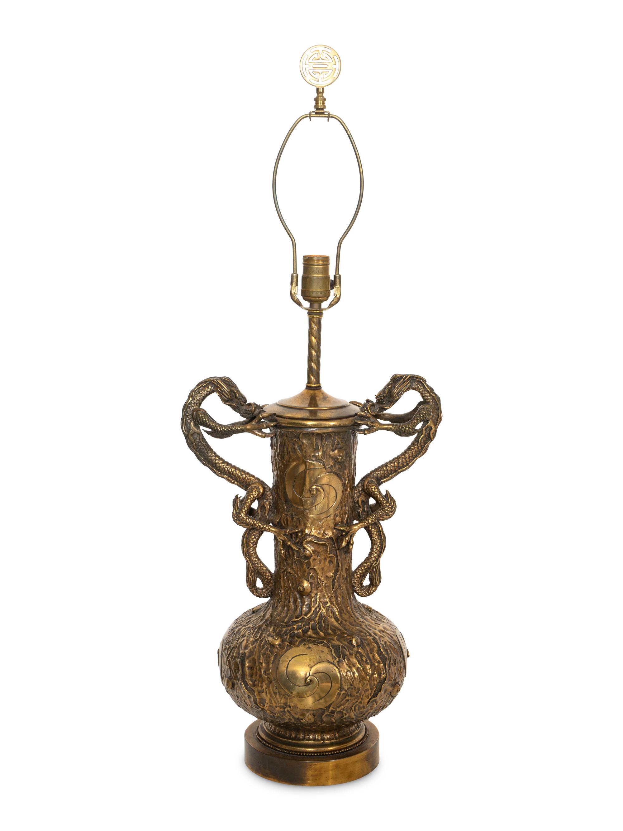 A Chinese Gilt Bronze Dragon Urn Lamp