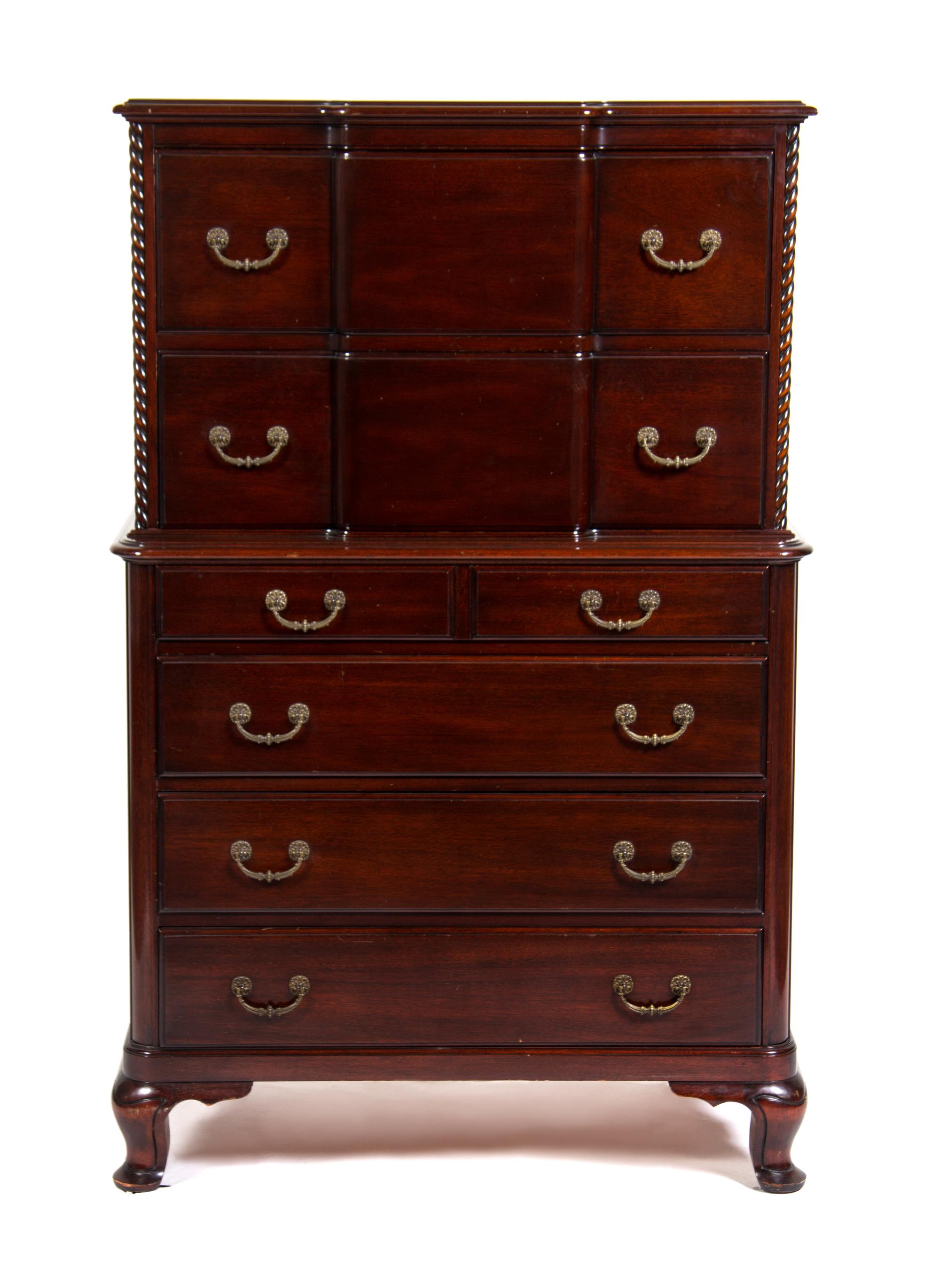 A Chippendale Style Mahogany Chest on Chest Height 56 x width 35 x depth 18 inches. — 20TH CENTURY