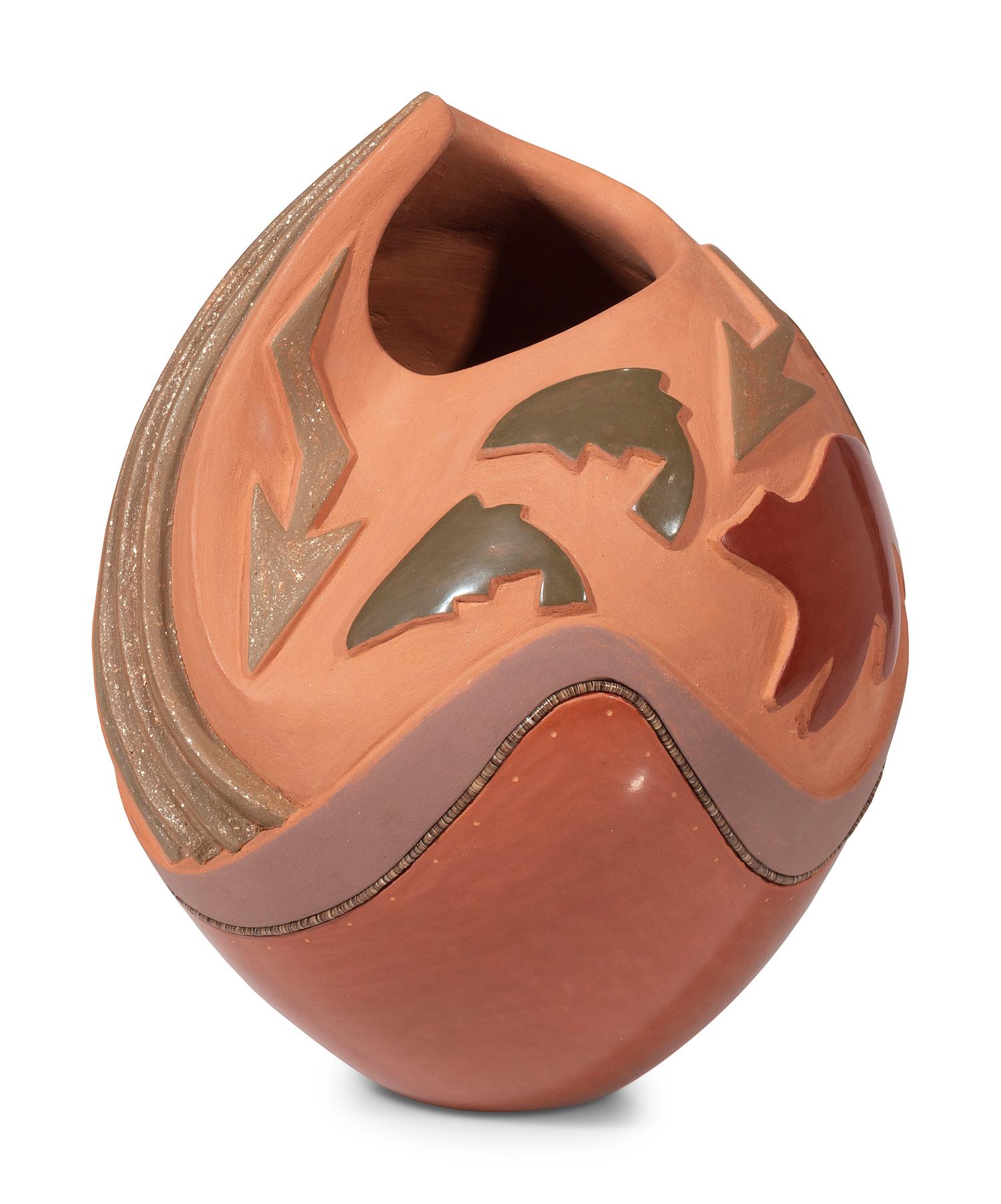 Red, Green, and Tan Pottery Vase