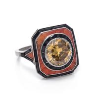 A Platinum, Fancy Colored Diamond, Coral and Onyx Ring,