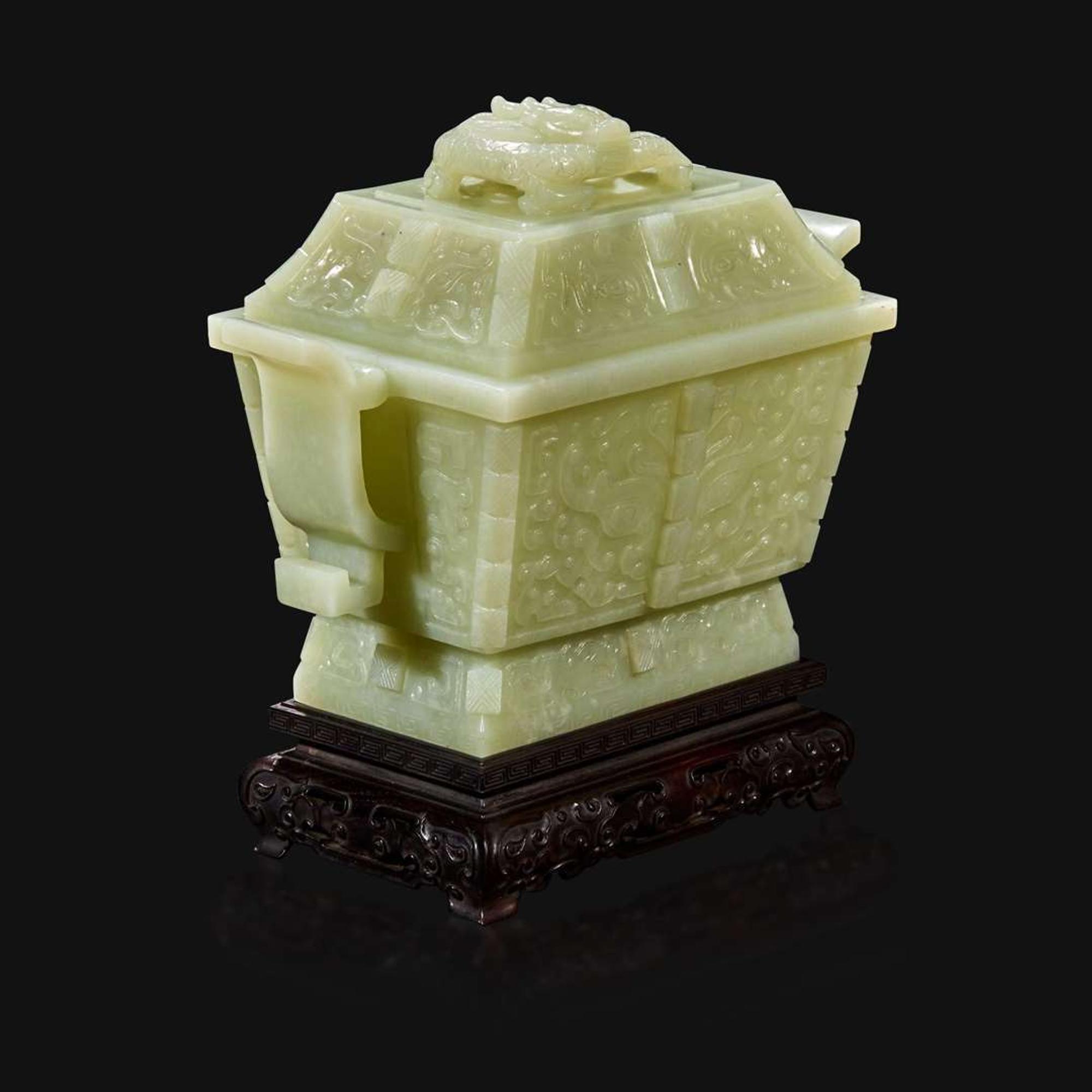 A Chinese carved pale celadon jade censer and cover, Fang Ding