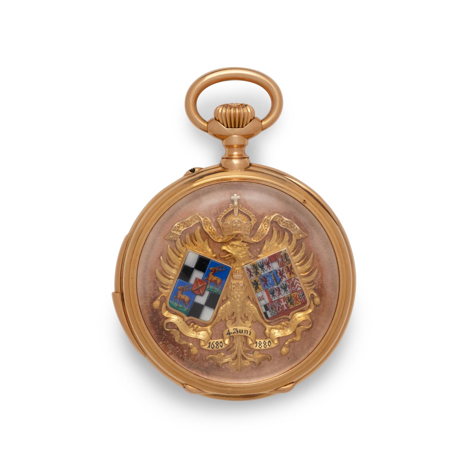 WILLY BERGER, 18K ROSE GOLD AND ENAMEL SKELETONIZED QUARTER REPEATING KEYLESS LEVER WITH APPLIED ARMS OF THE HOUSE OF HOHENZOLLERN AND BRANDENBURG POCKET WATCH
