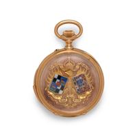 WILLY BERGER, 18K ROSE GOLD AND ENAMEL SKELETONIZED QUARTER REPEATING KEYLESS LEVER WITH APPLIED ARMS OF THE HOUSE OF HOHENZOLLERN AND BRANDENBURG POCKET WATCH