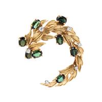 YELLOW GOLD, GREEN TOURMALINE AND DIAMOND BROOCH