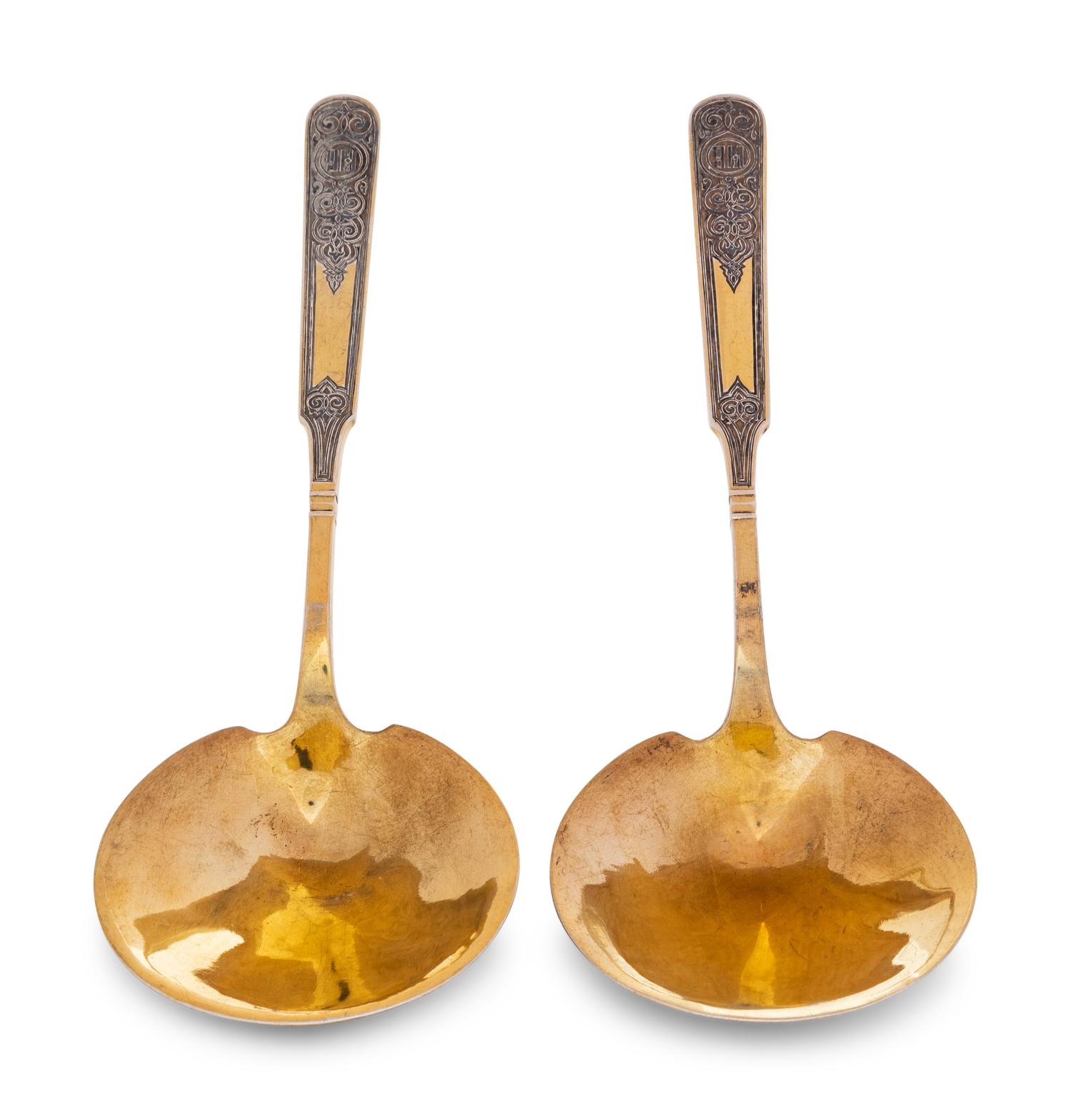 A Pair of Russian Niello Silver-Gilt Serving Spoons