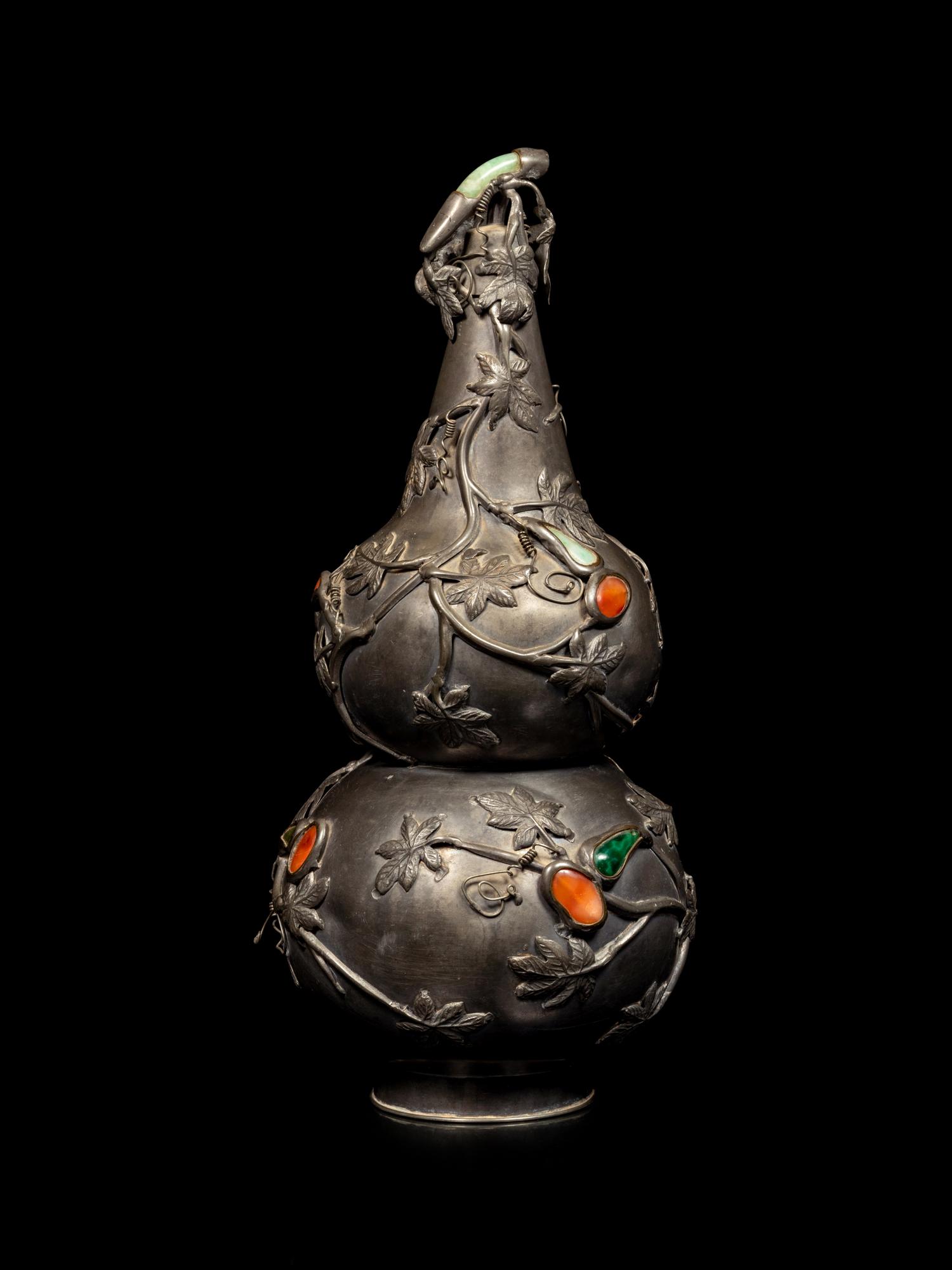 A Chinese Hardstone Inset Pewter Gourd-Form Vase