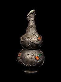 A Chinese Hardstone Inset Pewter Gourd-Form Vase