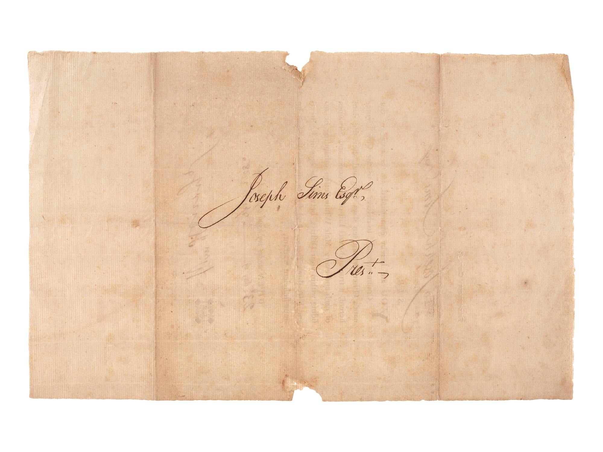 [PENNSYLVANIA]. Warrant for a list of men eligible for militia service in Philadelphia, PA. 23 April 1788.