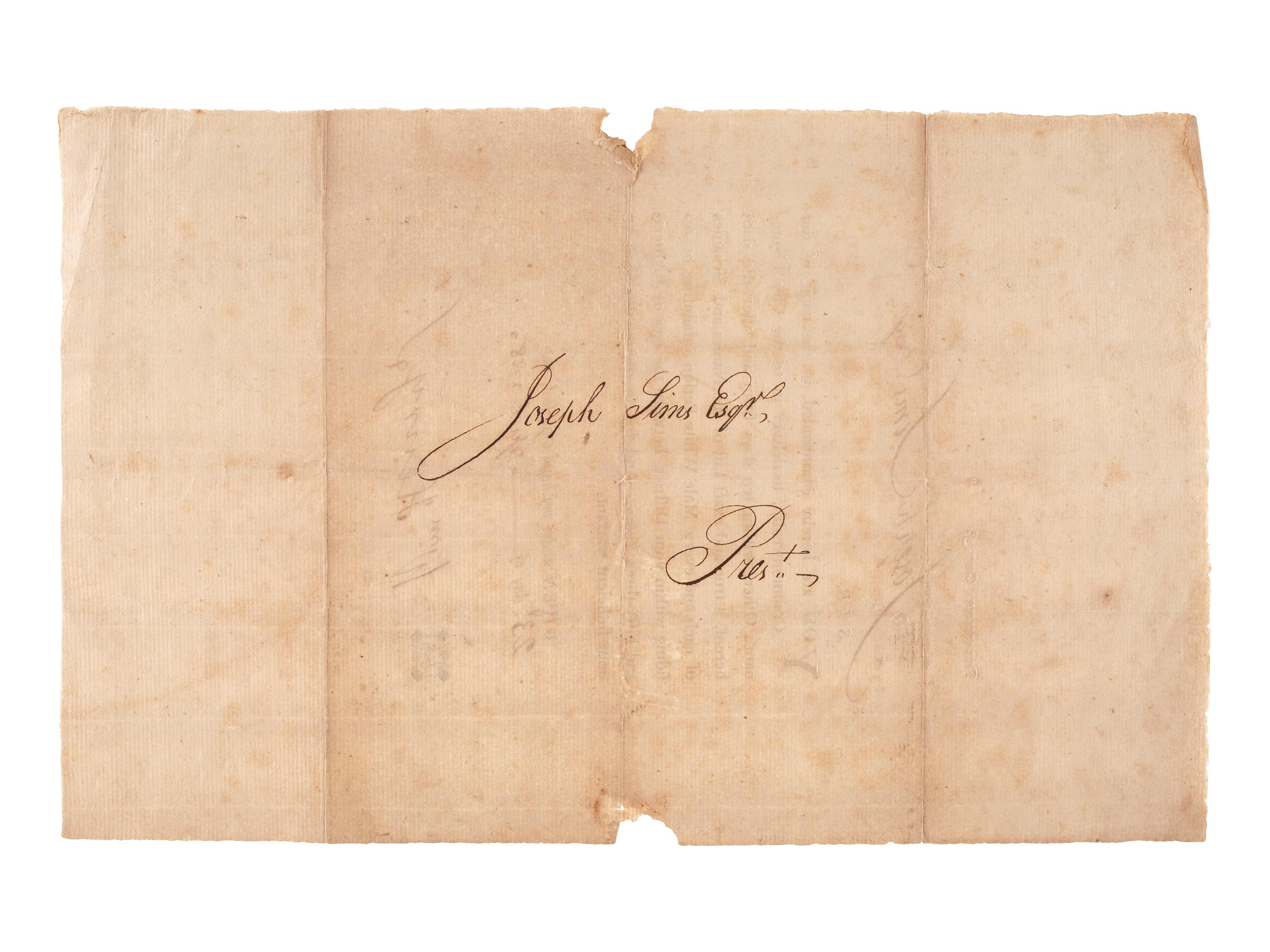 [PENNSYLVANIA]. Warrant for a list of men eligible for militia service in Philadelphia, PA. 23 April 1788.