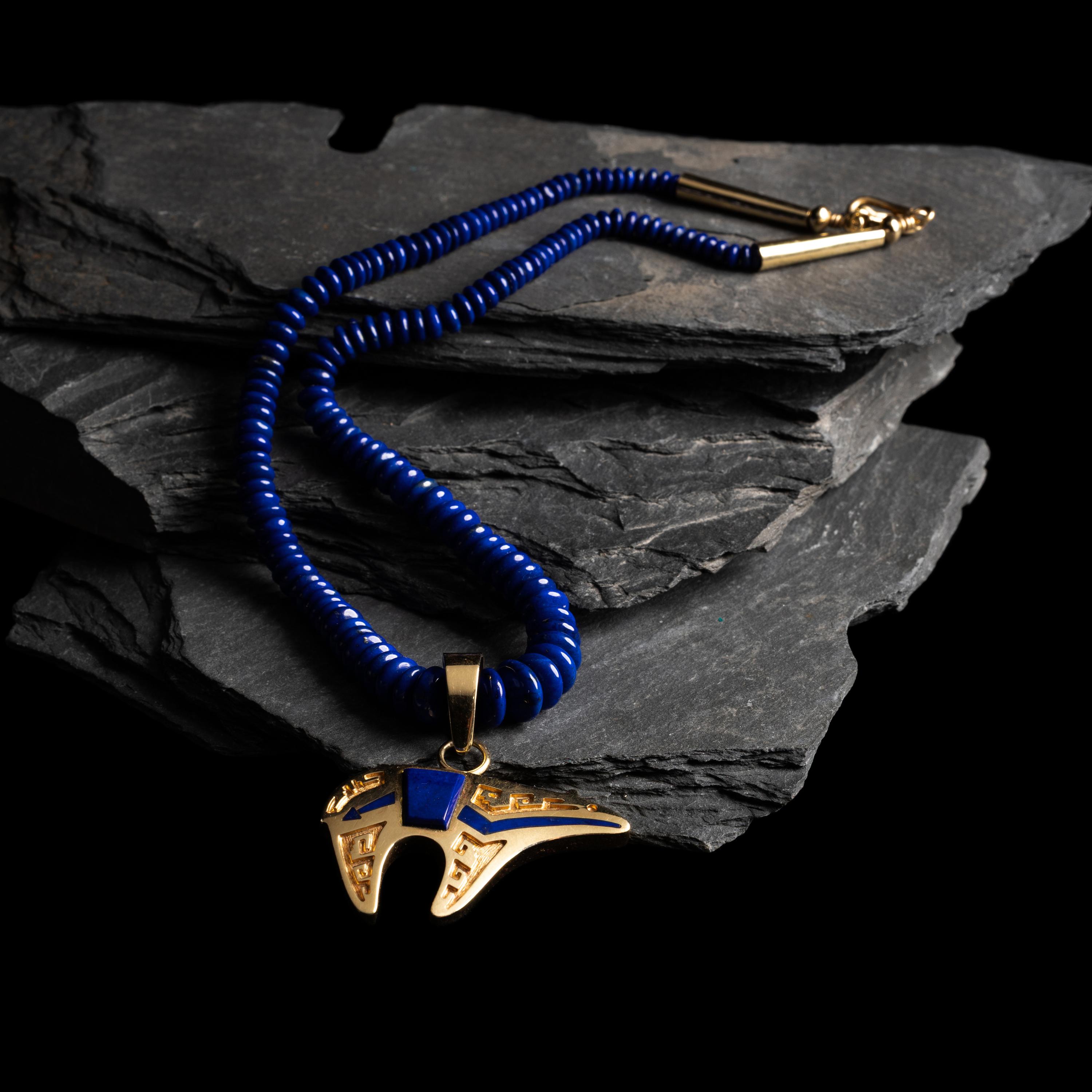 Herbert Taylor (Diné, 1951-1996) — 14K Gold and Lapis Heart Line Bear Necklace