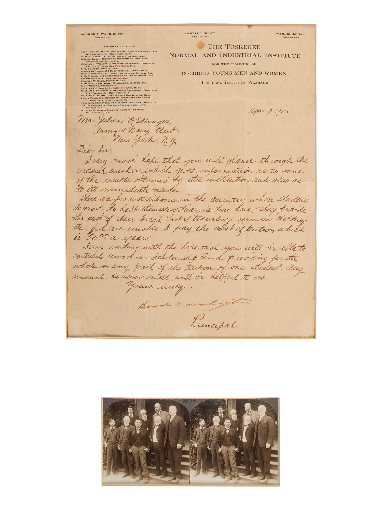 [EDUCATION]. WASHINGTON, Booker T. (1856-1915). ALS as Principal of Tuskegee Institute on school letterhead. 17 April 1913.