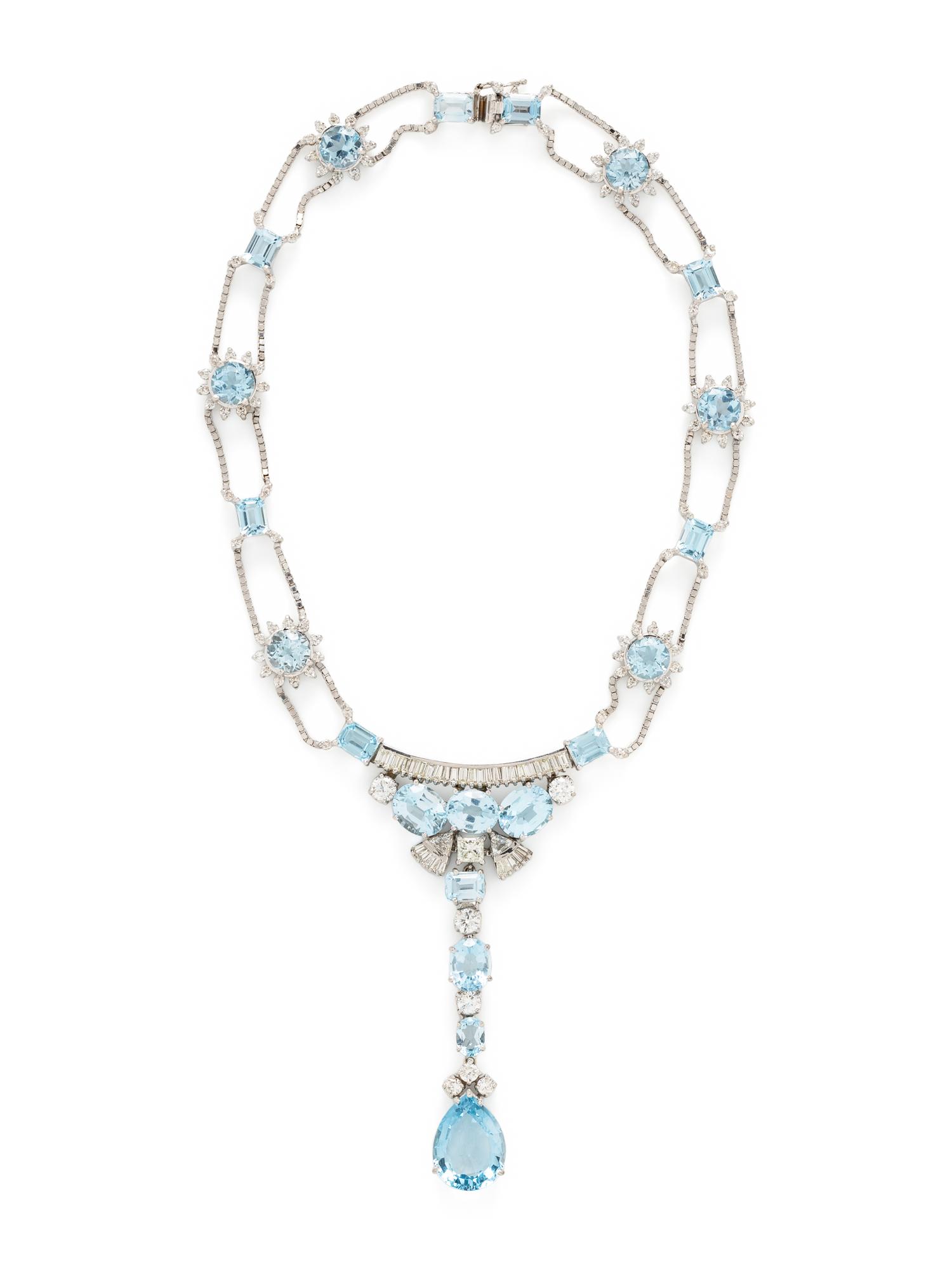 WHITE GOLD, BLUE TOPAZ, AND DIAMOND NECKLACE