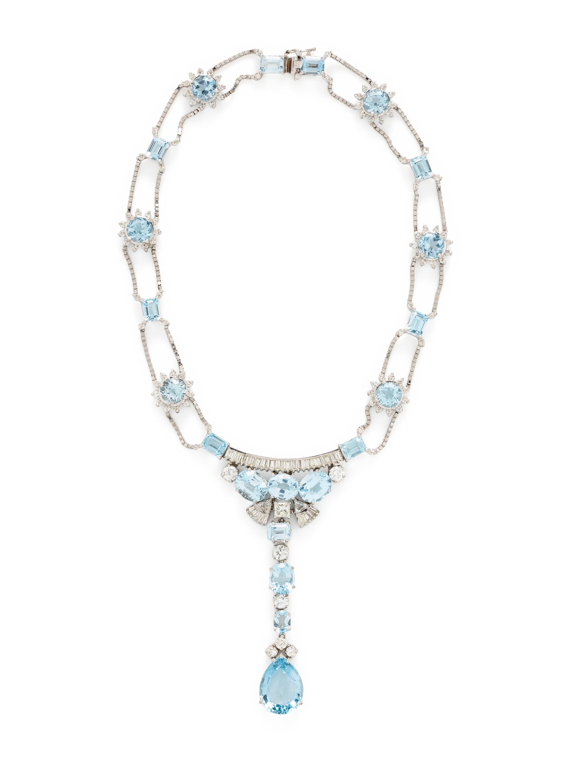 WHITE GOLD, BLUE TOPAZ, AND DIAMOND NECKLACE
