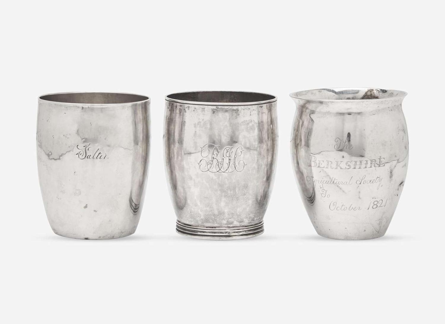 A group of three Federal coin silver beakers / cups, Butler Bement (1784-1869), Pittsfield, MA, Moulton & Wood (active 1818-1820), Newburyport, MA, and Thomas Knox Emery (1784-1815), Boston, MA, circa 1810-1820