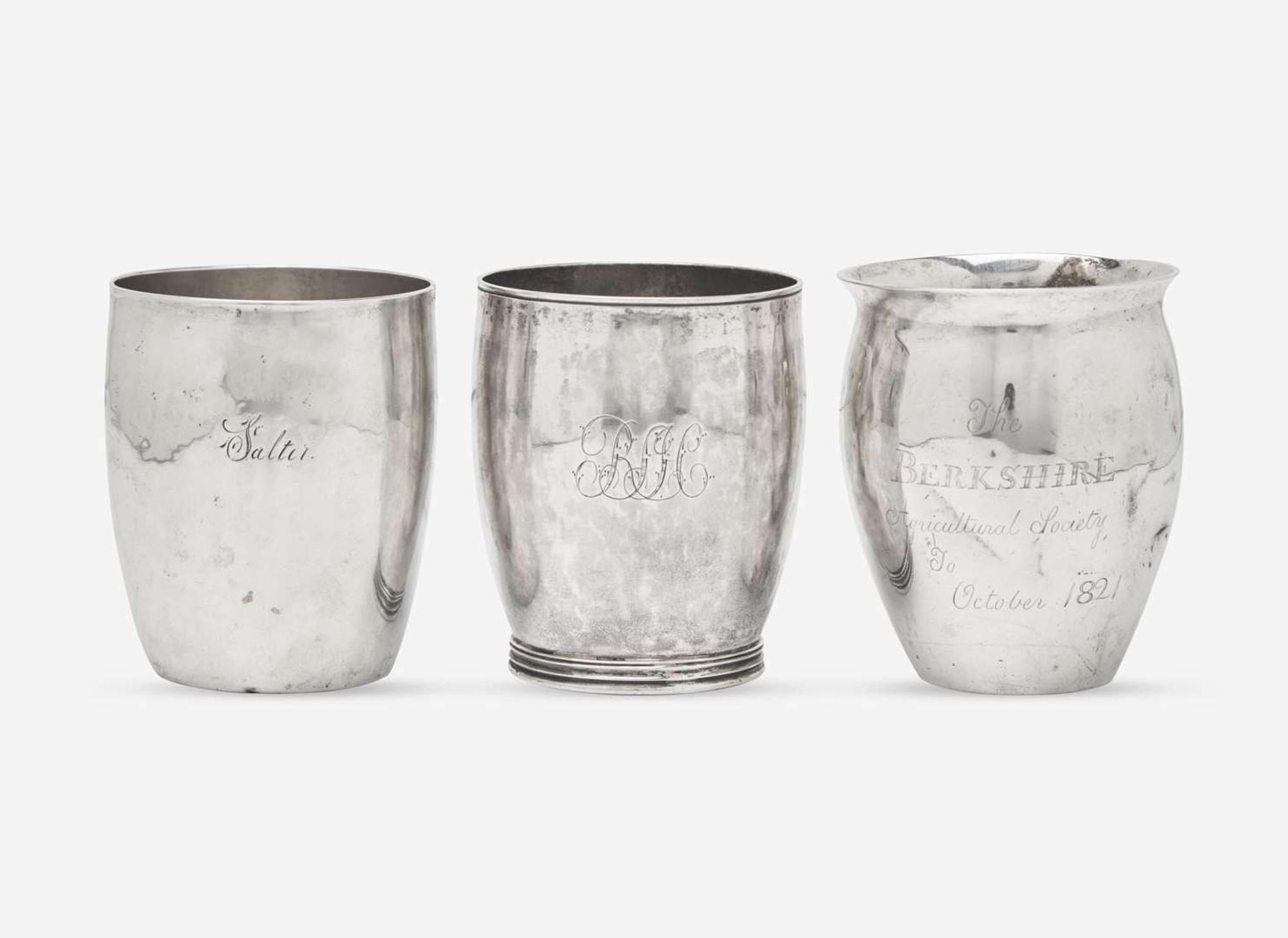 A group of three Federal coin silver beakers / cups, Butler Bement (1784-1869), Pittsfield, MA, Moulton & Wood (active 1818-1820), Newburyport, MA, and Thomas Knox Emery (1784-1815), Boston, MA, circa 1810-1820
