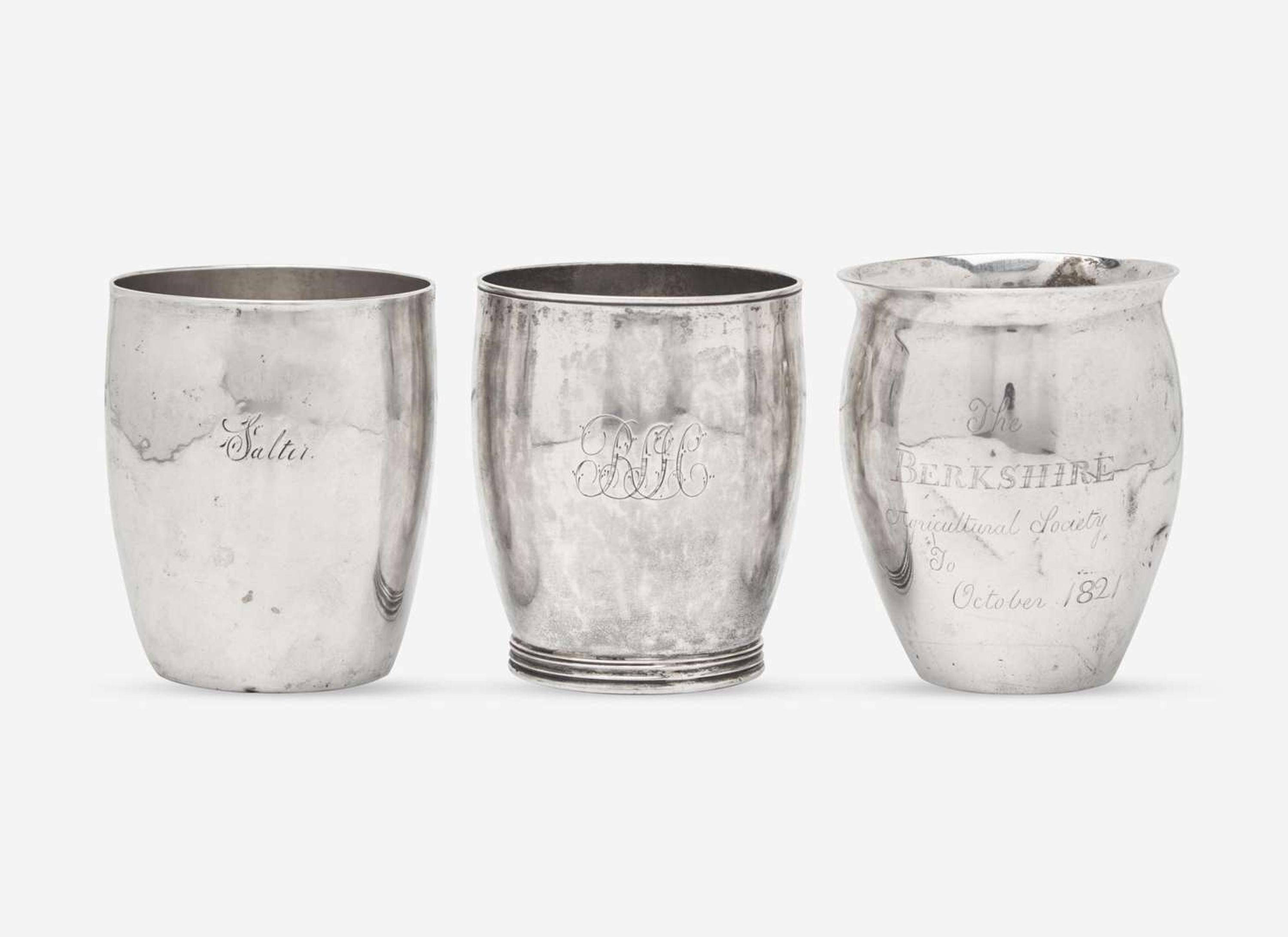 A group of three Federal coin silver beakers / cups, Butler Bement (1784-1869), Pittsfield, MA, Moulton & Wood (active 1818-1820), Newburyport, MA, and Thomas Knox Emery (1784-1815), Boston, MA, circa 1810-1820