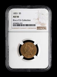 An 1853 Liberty Head $5 Gold Coin (NGC AU50)