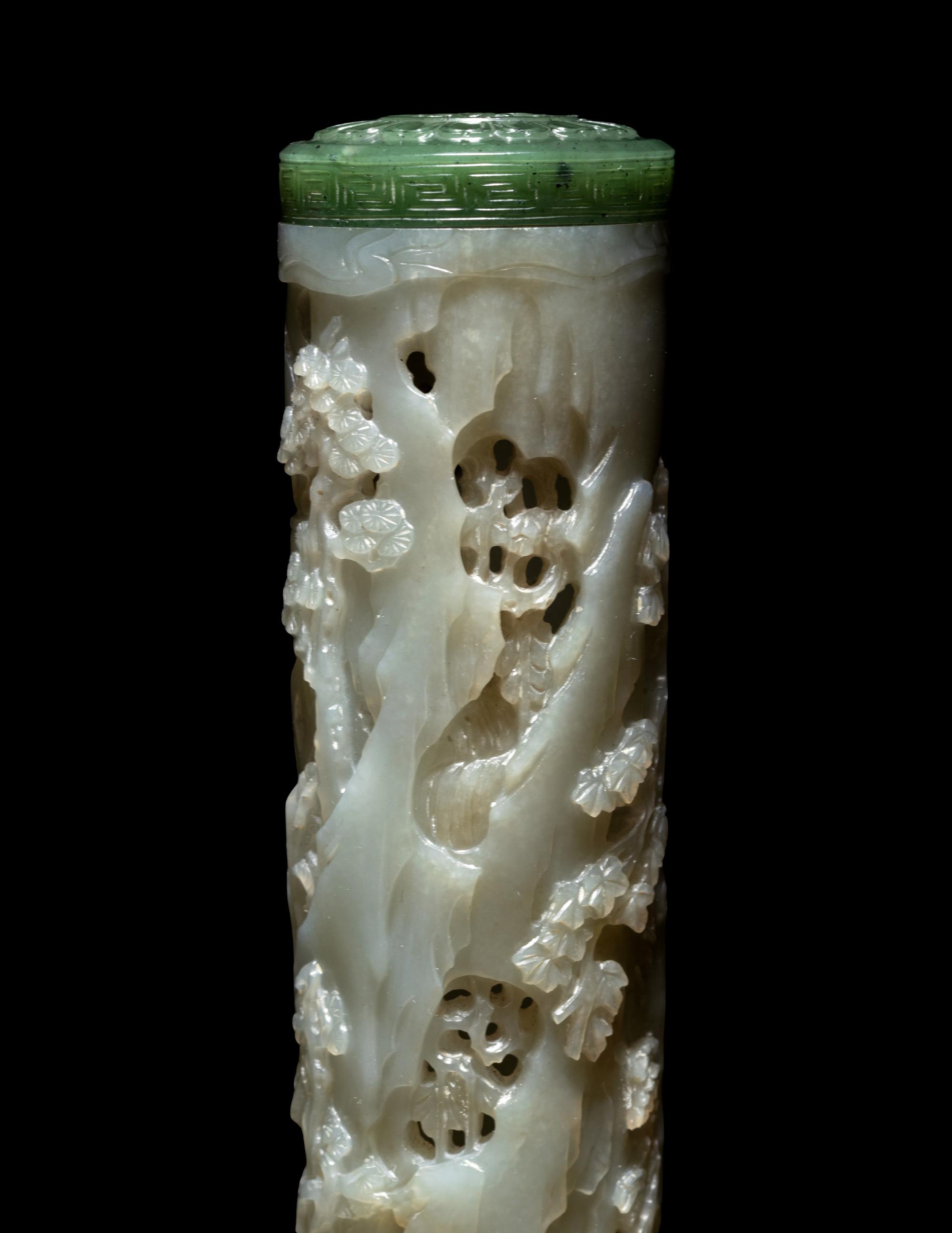 A Pair of Carved Celadon Jade Cylindrical Parfumiers