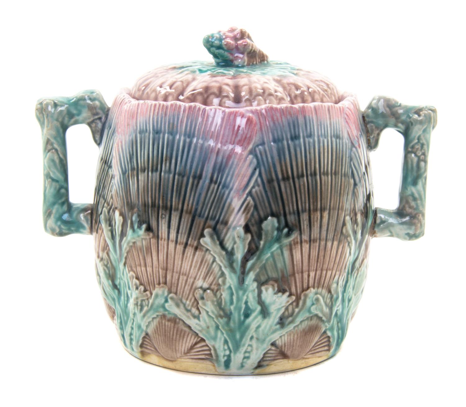 A Majolica Biscuit Jar, Height 5 1/2 inches.