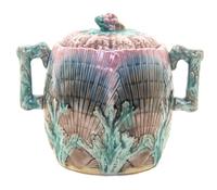 A Majolica Biscuit Jar, Height 5 1/2 inches.