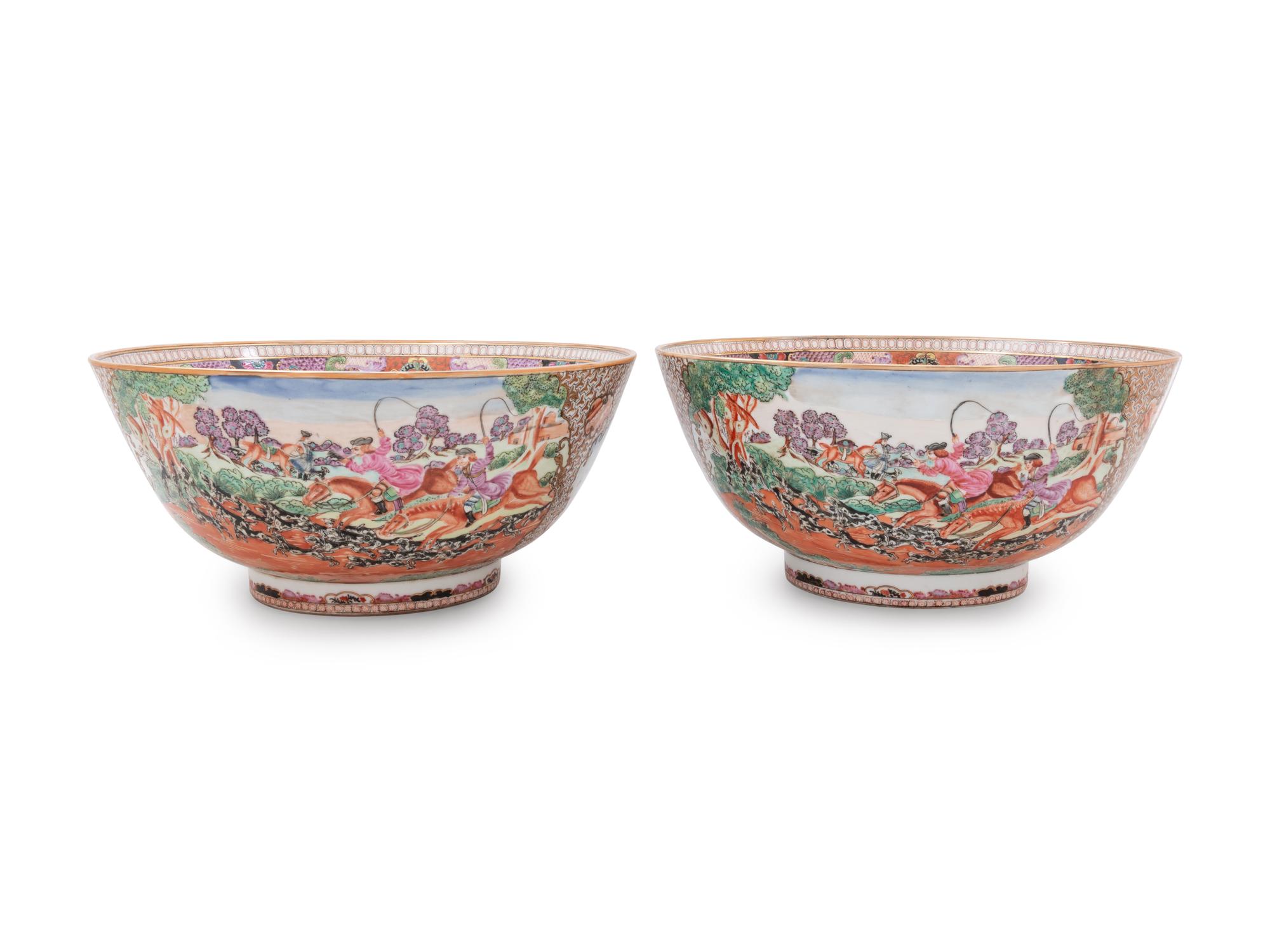 Two Chinese Export Famille Rose Porcelain 'Hunt' Punch Bowls