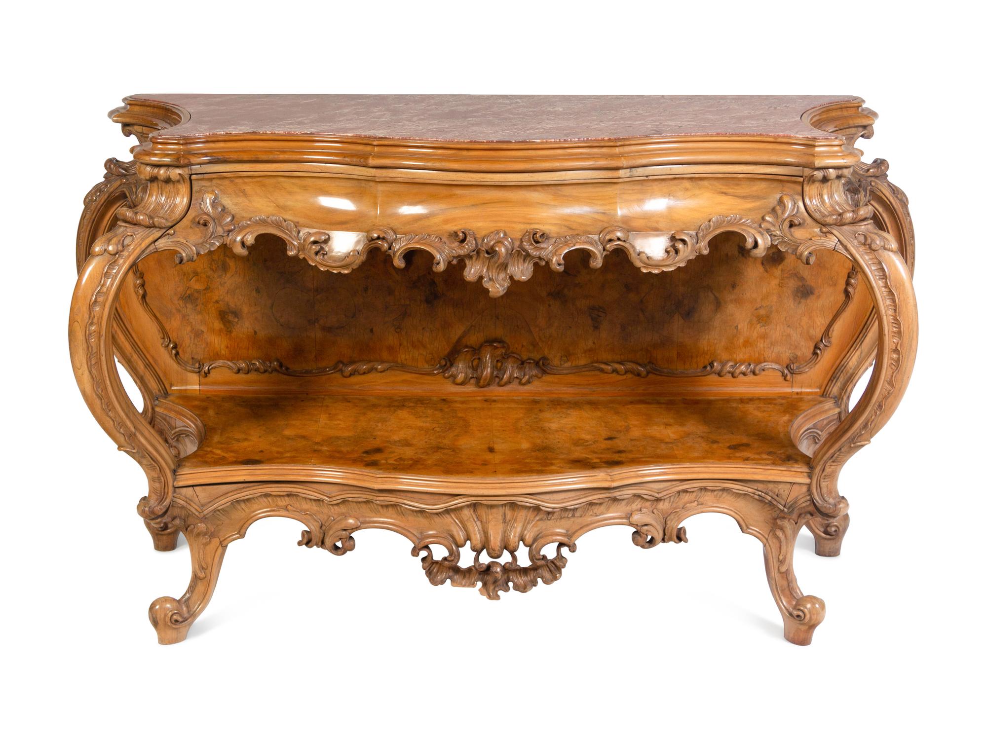 An Italian Rococo Style Carved Walnut Marble-Top Server