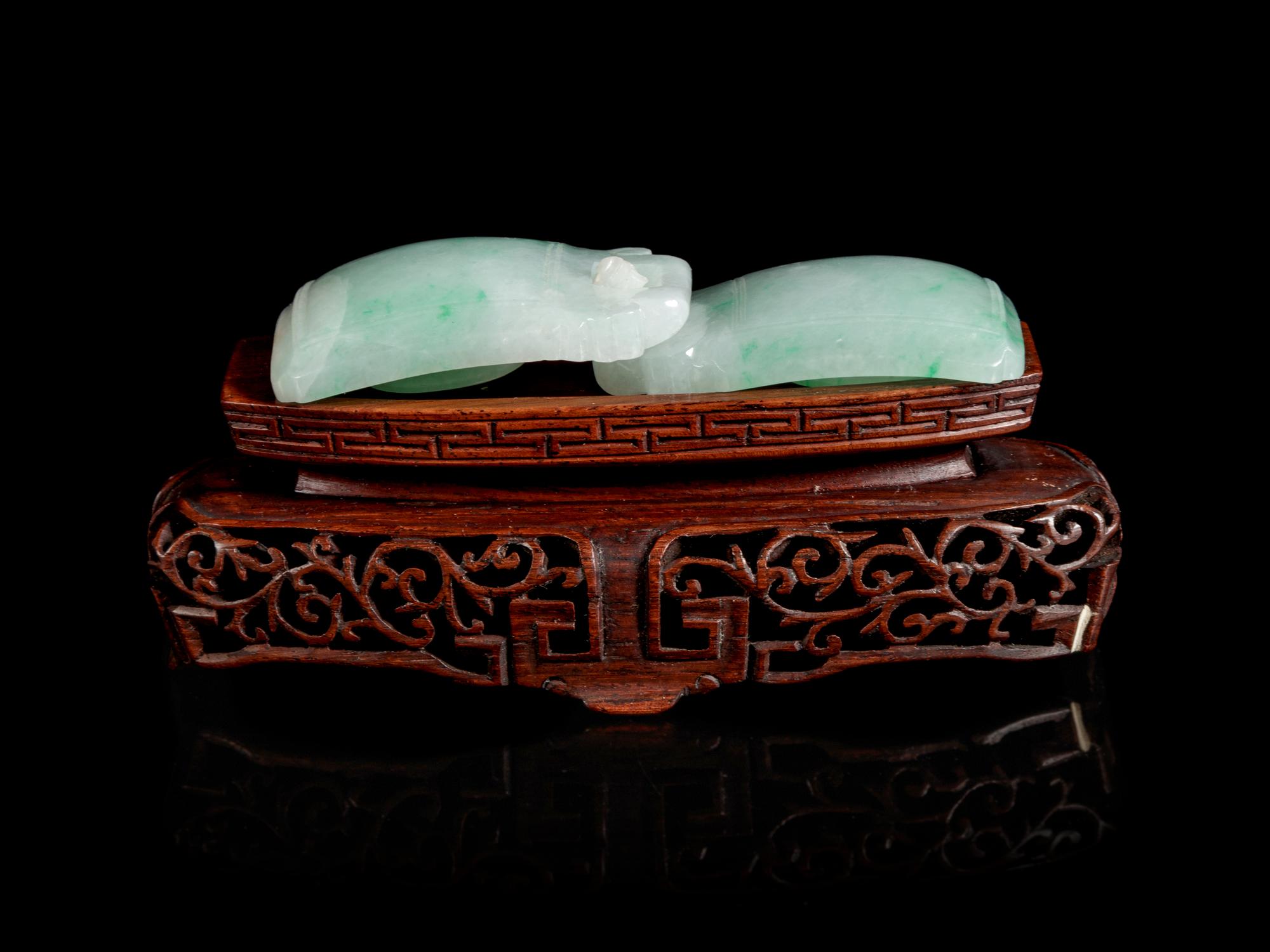 An Apple Green and Pale Celadon Jadeite Two-Part Belt Buckle