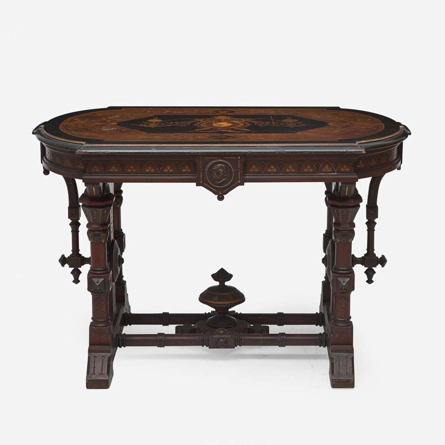 A Centennial inlaid, ebonized, and parcel gilt walnut center table Attributed to Kilian Bros. (active c. 1855-1920), New York, NY, circa 1876
