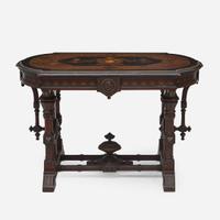 A Centennial inlaid, ebonized, and parcel gilt walnut center table Attributed to Kilian Bros. (active c. 1855-1920), New York, NY, circa 1876