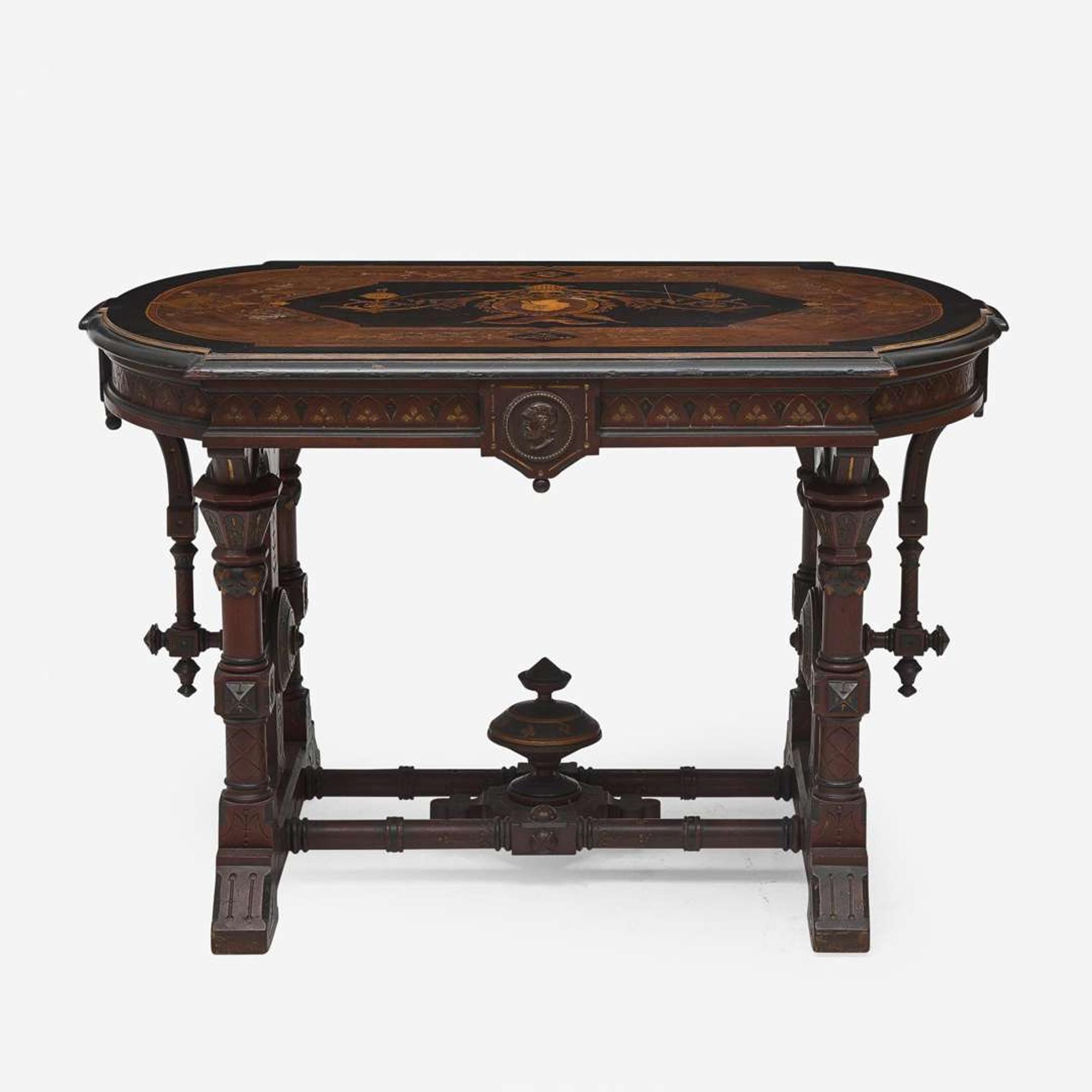 A Centennial inlaid, ebonized, and parcel gilt walnut center table Attributed to Kilian Bros. (active c. 1855-1920), New York, NY, circa 1876
