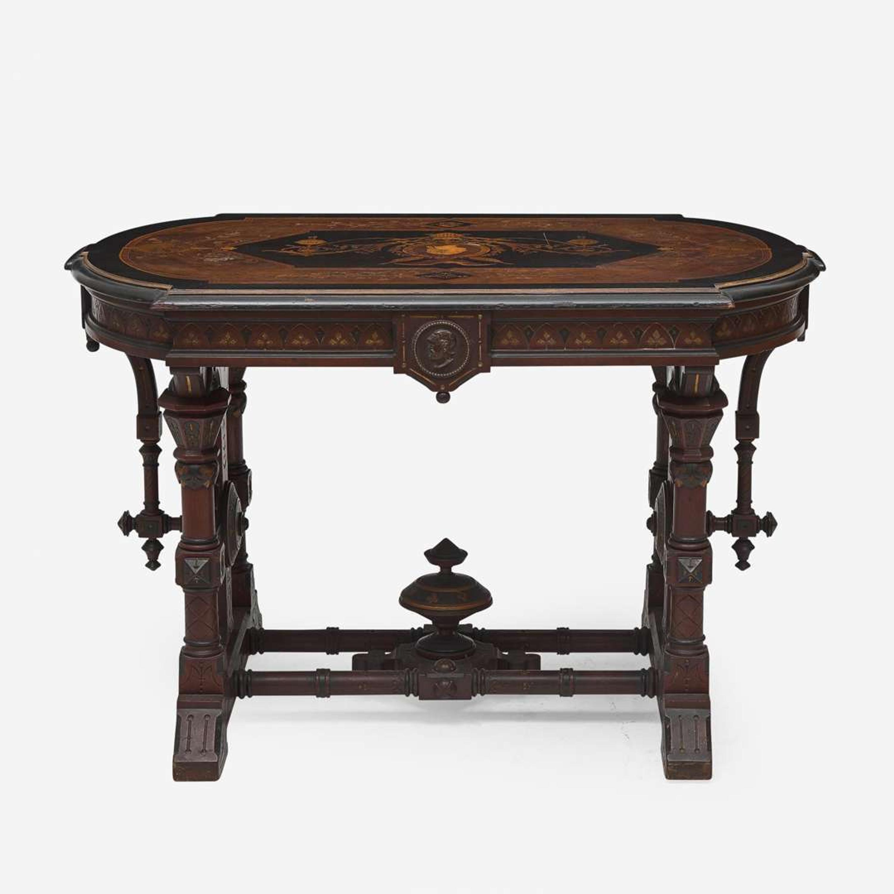 A Centennial inlaid, ebonized, and parcel gilt walnut center table Attributed to Kilian Bros. (active c. 1855-1920), New York, NY, circa 1876