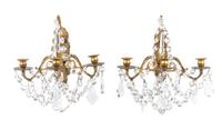 A Pair of Continental Gilt Bronze Three-Light Sconces Height 9 3/4 inches. — 20TH CENTURY
