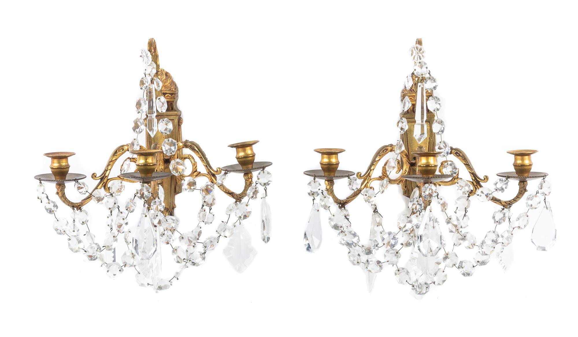 A Pair of Continental Gilt Bronze Three-Light Sconces Height 9 3/4 inches. — 20TH CENTURY