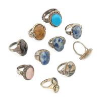 10 Chinese Hardstone and Glass Inset Silver and Metal Rings