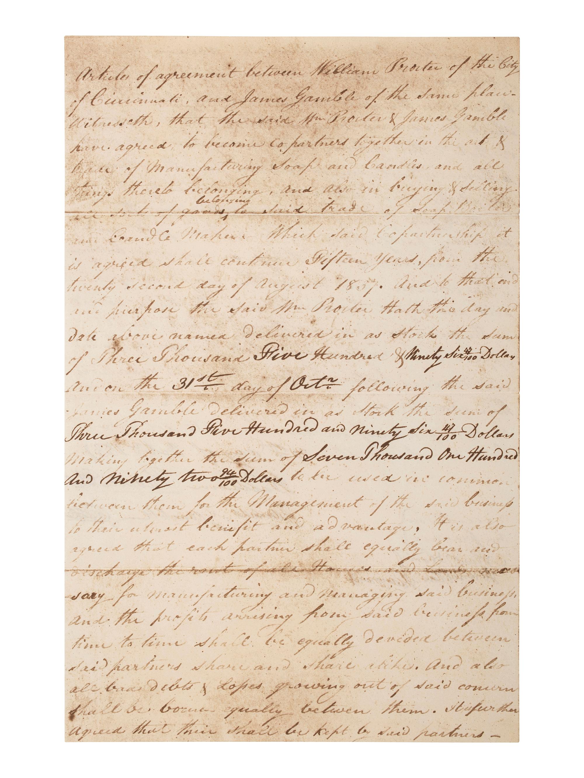 [BUSINESS]. Souvenir facsimile contract between William Procter and James Gamble sent to stockholders, ca 1962.